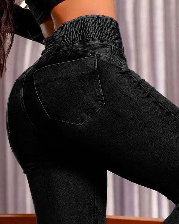 CurveEase Back Shirred Button Front High Waist Jeans Skinny Flared Denim Jeggings