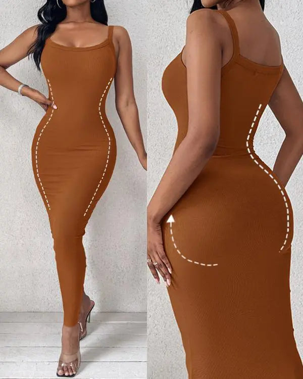 ShapeSculpt Basic Lounge Slip U-Neck Long Dress Elegant Sleeveless Ribbed Bodycon Maxi Dresses