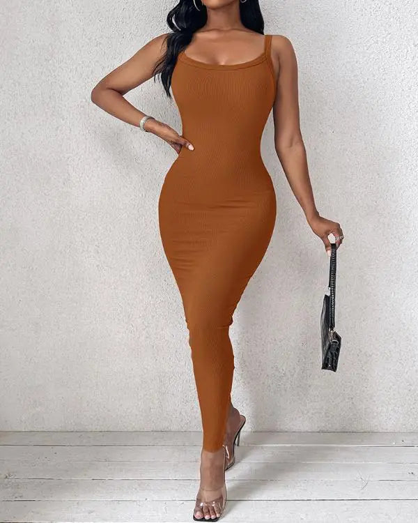 ShapeSculpt Basic Lounge Slip U-Neck Long Dress Elegant Sleeveless Ribbed Bodycon Maxi Dresses
