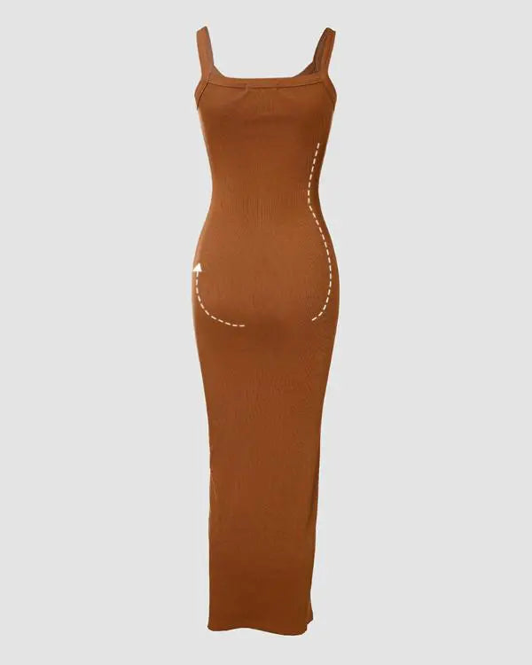 ShapeSculpt Basic Lounge Slip U-Neck Long Dress Elegant Sleeveless Ribbed Bodycon Maxi Dresses