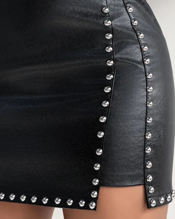 PU Studded High Waist A Line Skirt Casual Irregular Bodycon Mini Skirt