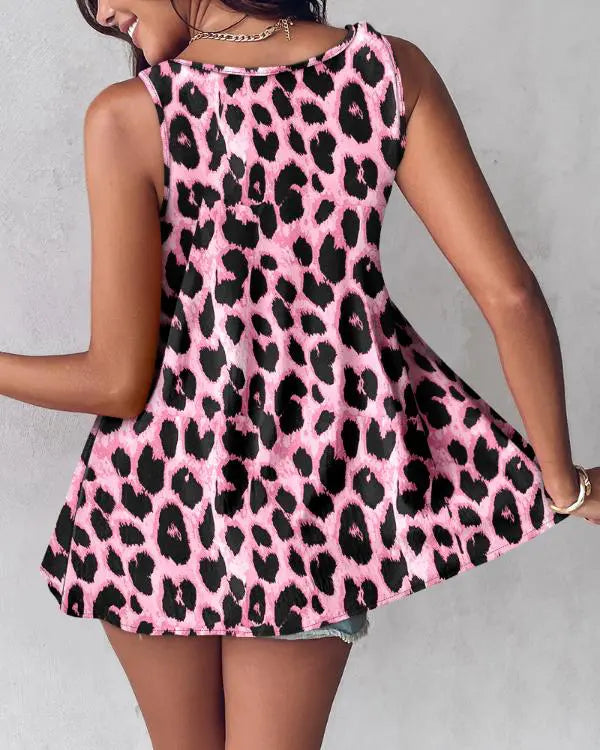Leopard Pattern V-Neck Sleeveless Pearls Decor Tank Casual Top