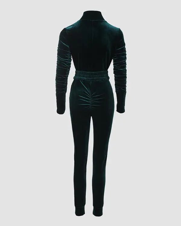 Velvet Zipper Design Ruched Long Sleeve Jumpsuit With Elastic Waistbelt