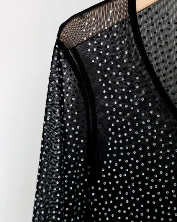 Rhinestone Leopard Print Deep V Neck Long Sleeve Bodycon Dress See Through Sheer Mesh Mini Dress