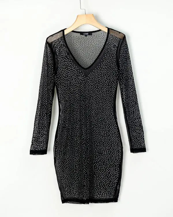 Rhinestone Leopard Print Deep V Neck Long Sleeve Bodycon Dress See Through Sheer Mesh Mini Dress