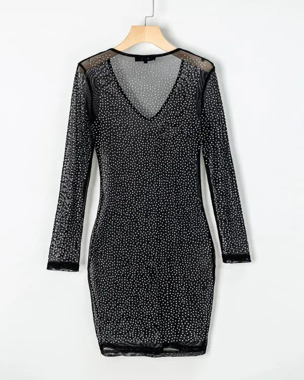 Rhinestone Leopard Print Deep V Neck Long Sleeve Bodycon Dress See Through Sheer Mesh Mini Dress