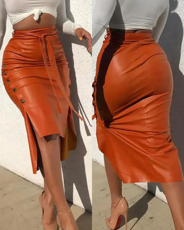 High Waisted Belted PU Leather Pencil Skirt Side Button Split Work Midi Skirt