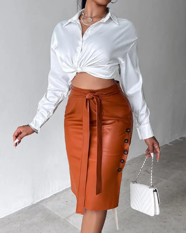 High Waisted Belted PU Leather Pencil Skirt Side Button Split Work Midi Skirt