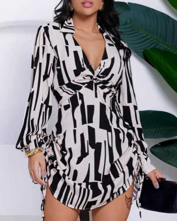 All Over Print Turn-down V-Neck Twisted Side Drawstring Shirt Dress