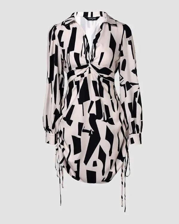 All Over Print Turn-down V-Neck Twisted Side Drawstring Shirt Dress