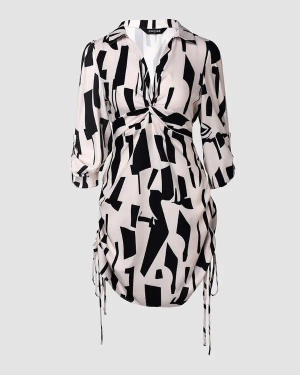 All Over Print Turn-down V-Neck Twisted Side Drawstring Shirt Dress