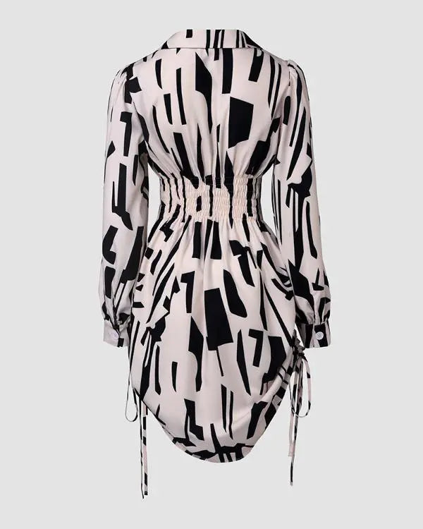 All Over Print Turn-down V-Neck Twisted Side Drawstring Shirt Dress