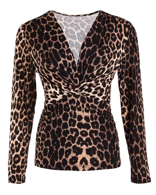 Leopard Print V-Neck Criss Cross Long Sleeve Shirts Casual Top