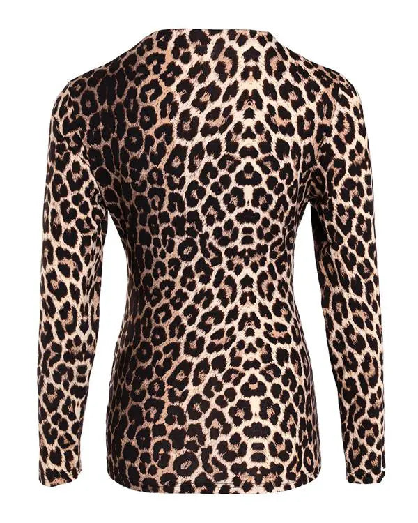 Leopard Print V-Neck Criss Cross Long Sleeve Shirts Casual Top
