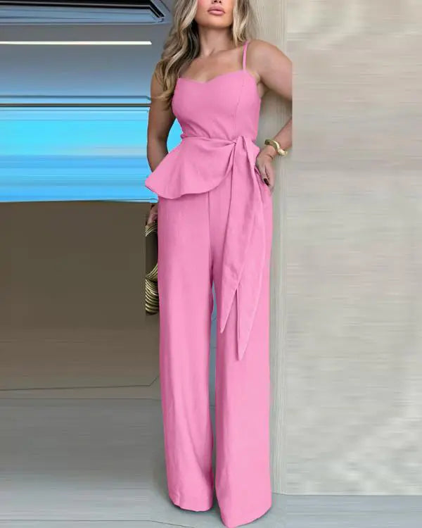 V Neck Spaghetti Strap Ruffles Tied Detail Jumpsuit Casual Loose Fit Romper