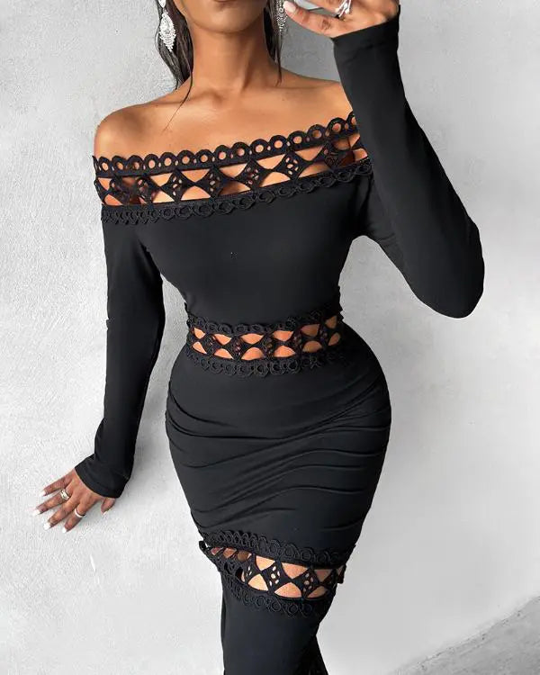 Off Shoulder Long Sleeve Lace Patch Midi Dress
