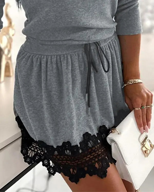 Crewneck Drawstring Waist Casual Dress Constrast Lace Mini Dress