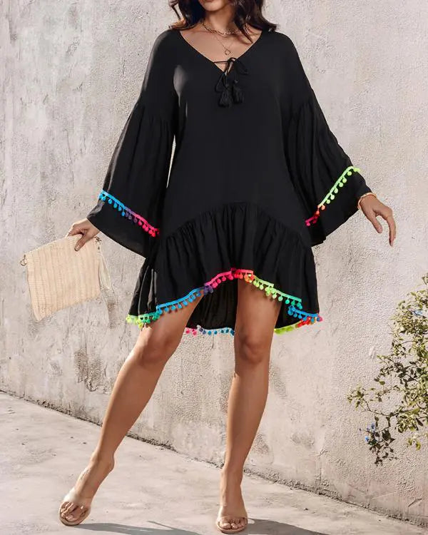 Colorblock V-Neck Bell Sleeve A Line Tassel Mini Dress Vacation Dress