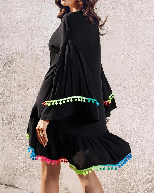 Colorblock V-Neck Bell Sleeve A Line Tassel Mini Dress Vacation Dress