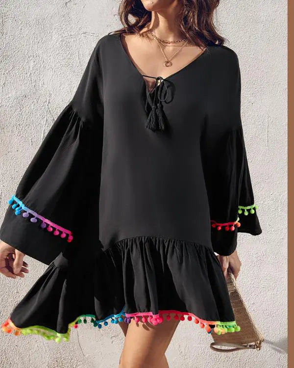 Colorblock V-Neck Bell Sleeve A Line Tassel Mini Dress Vacation Dress