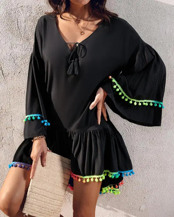 Colorblock V-Neck Bell Sleeve A Line Tassel Mini Dress Vacation Dress