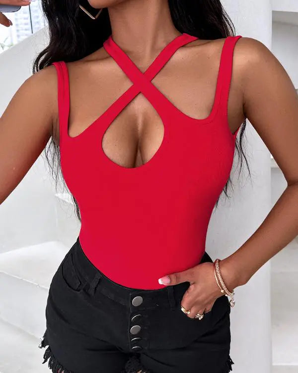 Trendy Criss Cross Asymmetrical Neck Sleeveless Thong Bodysuits Tops Clubwear