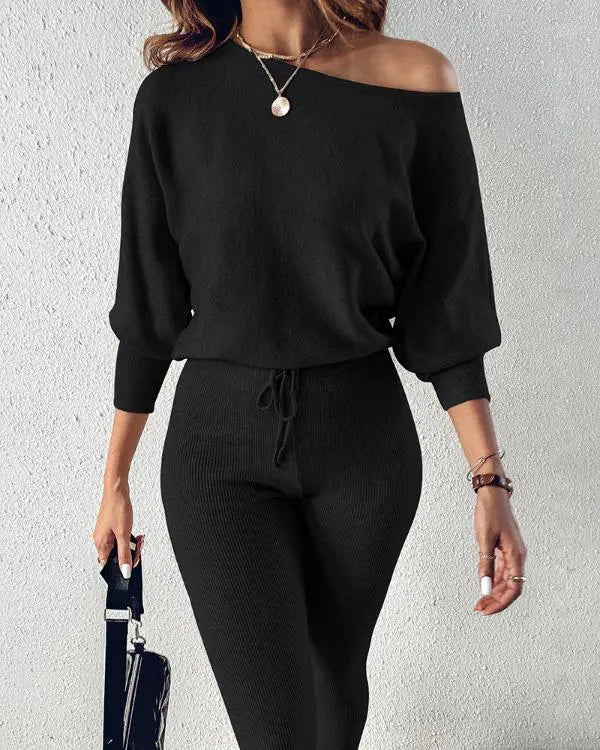 2 Piece Lounge Outfit Long Sleeve Pullover Tops Drawstring High Waisted Pants Set Tracksuit