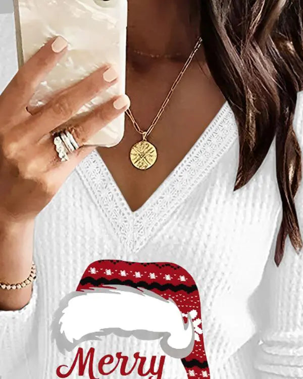 Merry Christmas Everyone Cartoon Print V-Neck Contrast Lace Top