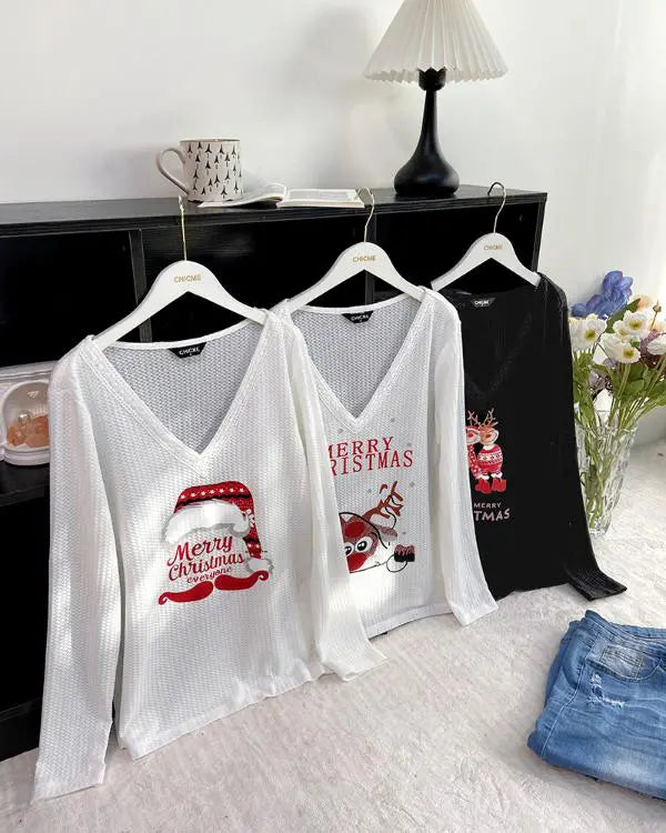 Merry Christmas Everyone Cartoon Print V-Neck Contrast Lace Top