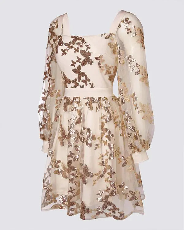 Butterfly Pattern Contrast Sequin Mesh Patch Mini Dress