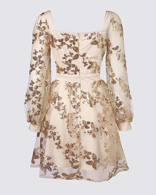 Butterfly Pattern Contrast Sequin Mesh Patch Mini Dress