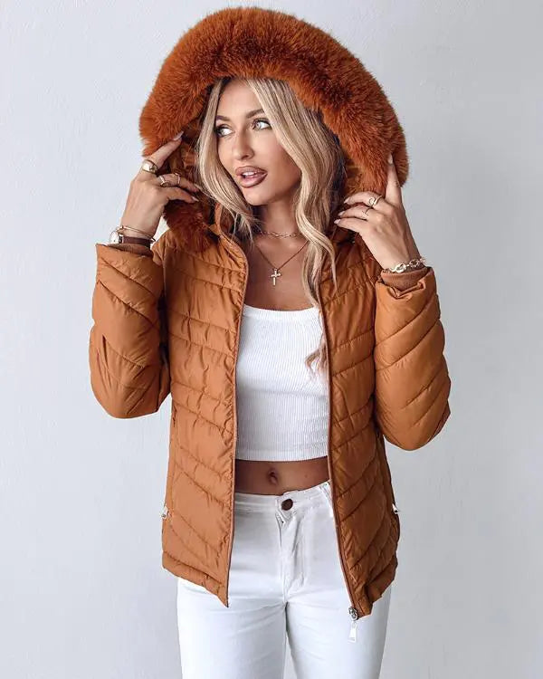 Zipper Pocket Design Shirred Fuzzy Trim Fleece Lined Hooded Puffer Jacket