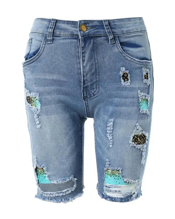 Contrast Leopard Print Ripped Patchwork Raw Hem Denim Shorts