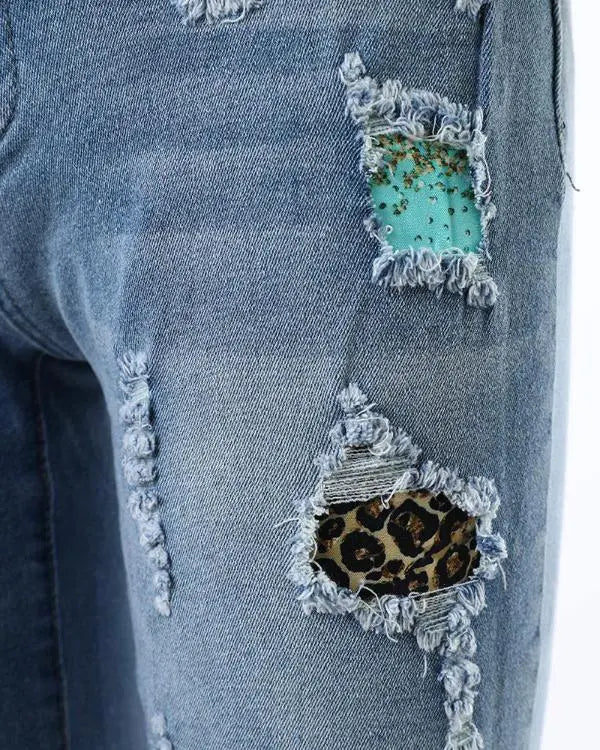 Contrast Leopard Print Ripped Patchwork Raw Hem Denim Shorts