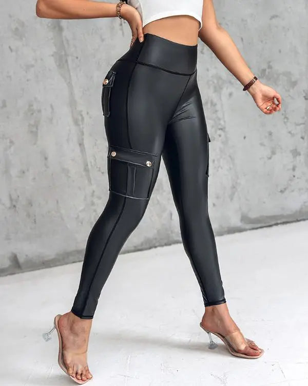 Leather Pants for Women High Waist Cargo Pockets Stretch Pants Leather Leggings
