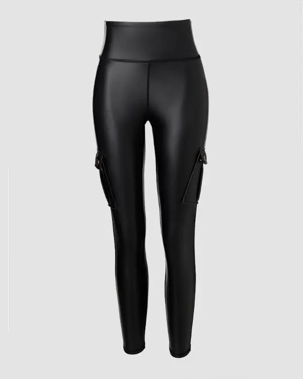 Leather Pants for Women High Waist Cargo Pockets Stretch Pants Leather Leggings