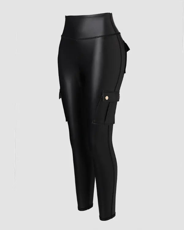 Leather Pants for Women High Waist Cargo Pockets Stretch Pants Leather Leggings