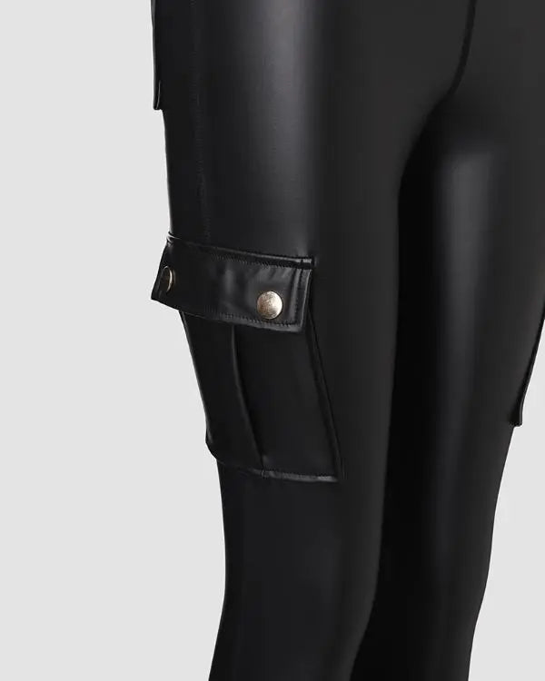 Leather Pants for Women High Waist Cargo Pockets Stretch Pants Leather Leggings