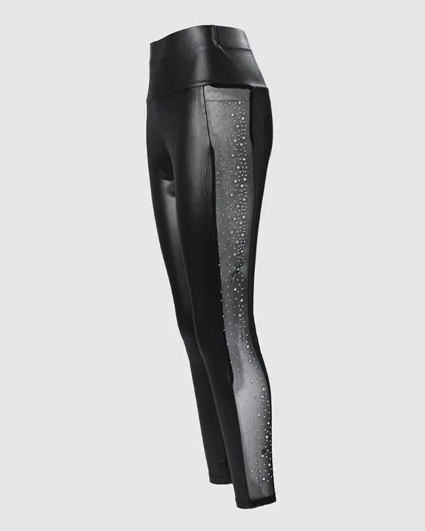 Rhinestone Contrast Mesh High Waist Skinny Pants Sexy Slim Fit Pu Leather Pants