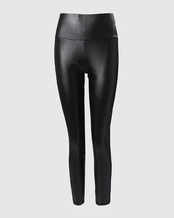 Rhinestone Contrast Mesh High Waist Skinny Pants Sexy Slim Fit Pu Leather Pants