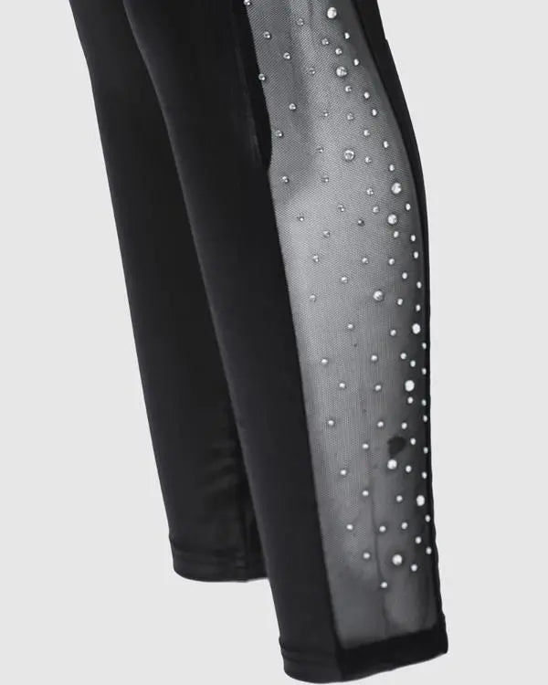 Rhinestone Contrast Mesh High Waist Skinny Pants Sexy Slim Fit Pu Leather Pants