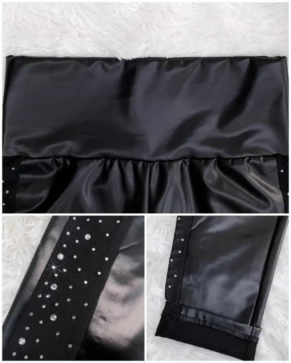 Rhinestone Contrast Mesh High Waist Skinny Pants Sexy Slim Fit Pu Leather Pants