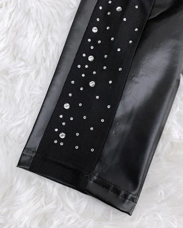 Rhinestone Contrast Mesh High Waist Skinny Pants Sexy Slim Fit Pu Leather Pants