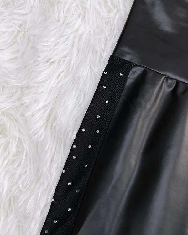 Rhinestone Contrast Mesh High Waist Skinny Pants Sexy Slim Fit Pu Leather Pants