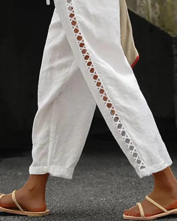 Hollow Out Lace Patch Pocket Design Casual Pants