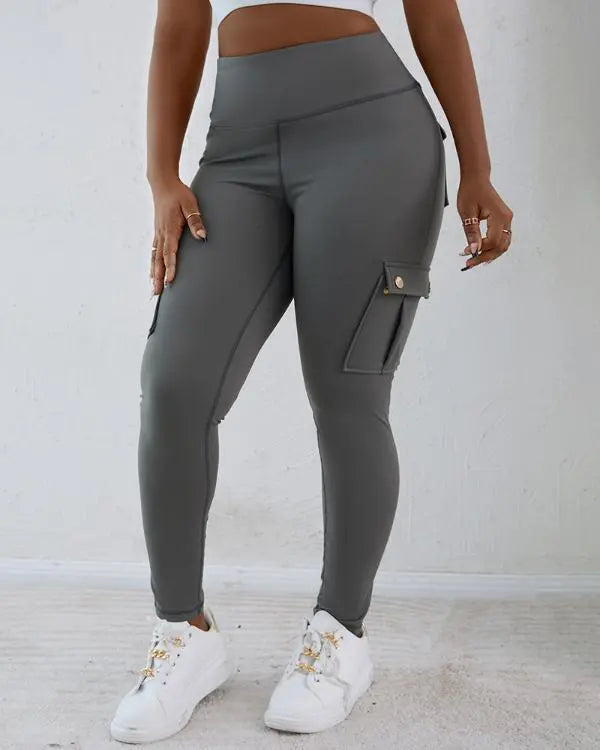 Camouflage Print High Waist Skinny Button Leggings with Pocket Casual Pants