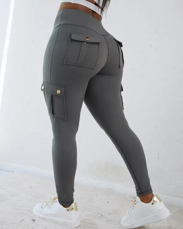 Butt Lifting Leggings with Flap Pockets High Waist Tummy Control Workout Cargo Pants