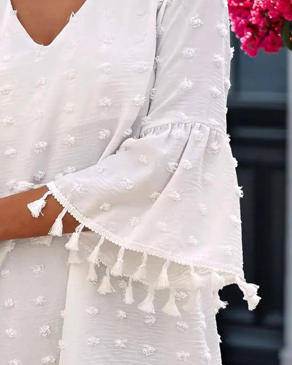 Polka Dot V-Neck Bell Sleeve Mini Dress Casual Loose Fit Dress