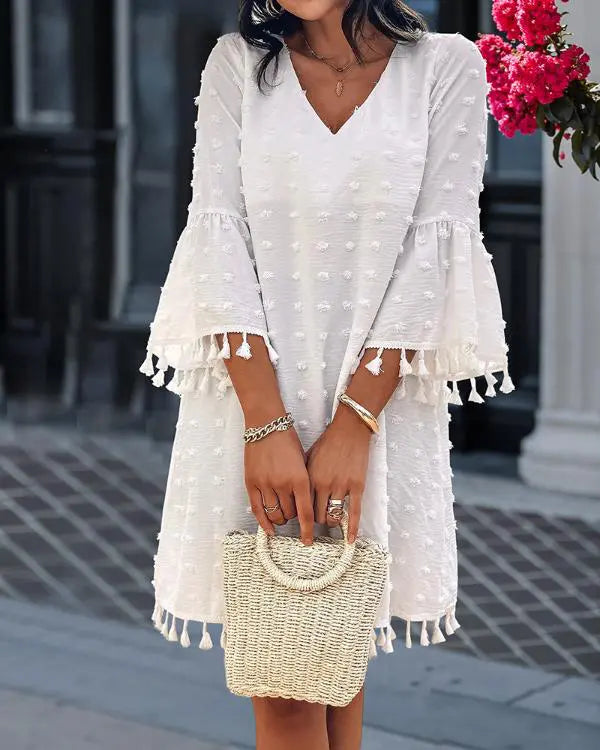 Polka Dot V-Neck Bell Sleeve Mini Dress Casual Loose Fit Dress