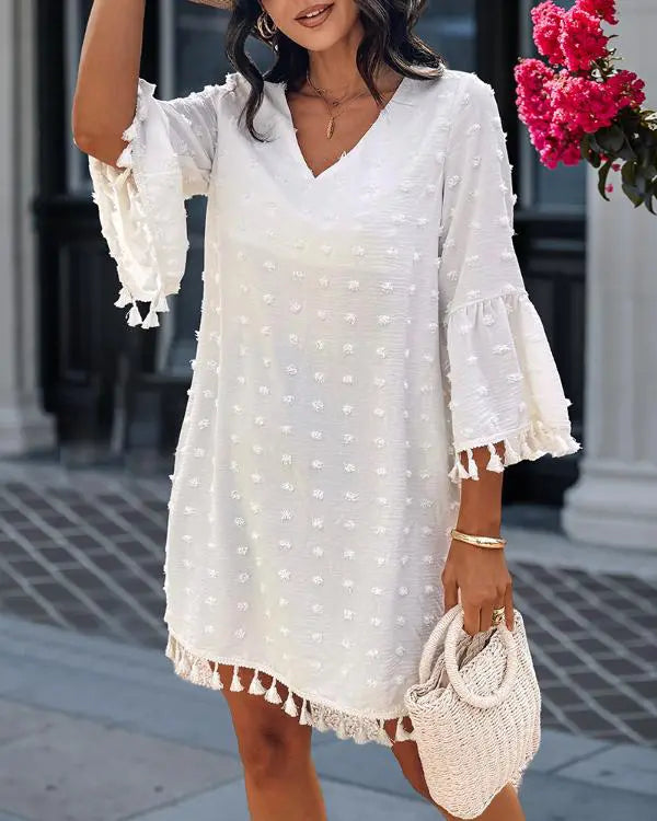 Polka Dot V-Neck Bell Sleeve Mini Dress Casual Loose Fit Dress